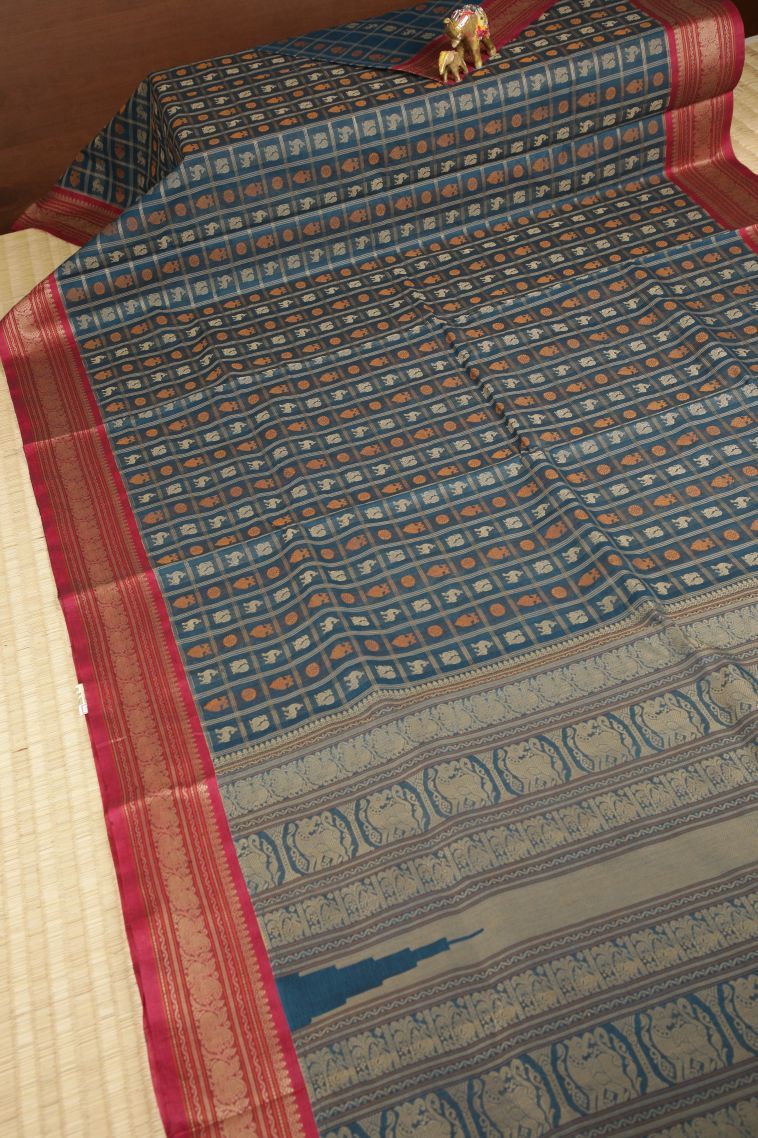Aegean Blue Pure Handloom Kovai Cotton with Without Zari Zari Peacock Motifs view 2