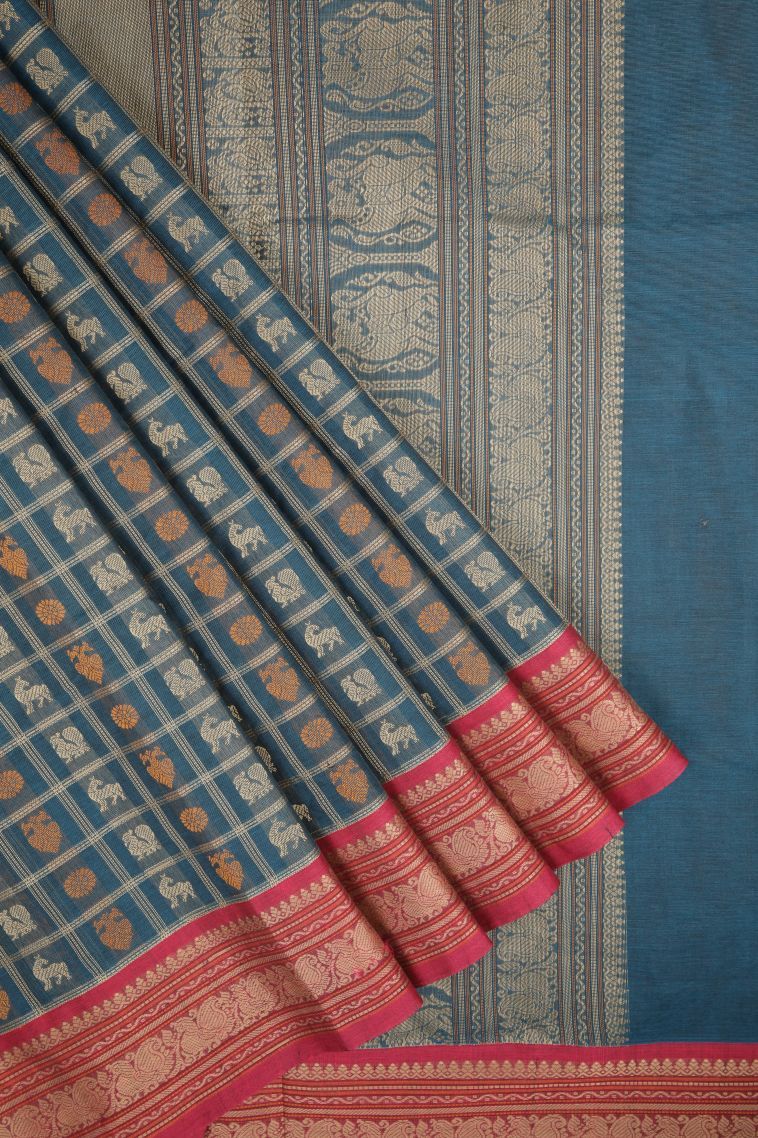 Aegean Blue Pure Handloom Kovai Cotton with Without Zari Zari Peacock Motifs view 1