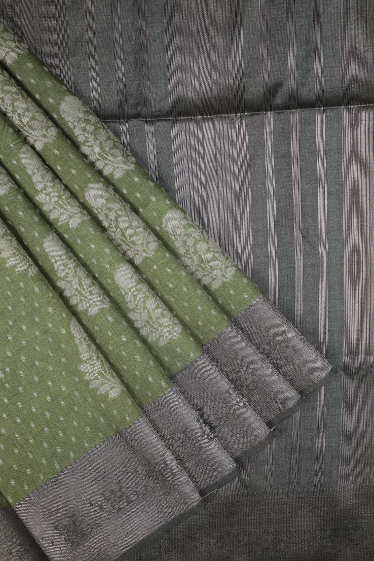 Basil Green Tussar Saree with Without Zari Zari Buttis (small Dots Or Motifs) view 1
