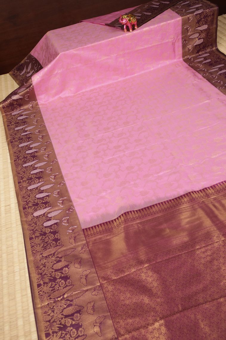 Taffy Pink Samudrika Pattu with Copper Zari Floral Patterns view 2