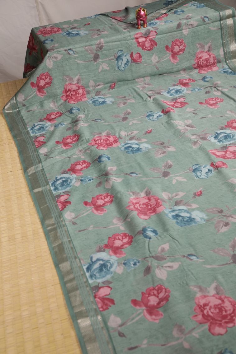 Sapphire Blue Fancy Saree with Silver Zari Floral Patterns view 2