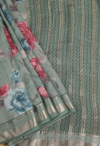 Sapphire Blue Fancy Saree with Silver Zari Floral Patterns