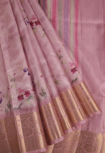 Blush Pink Fancy Saree with Gold Zari Floral Patterns