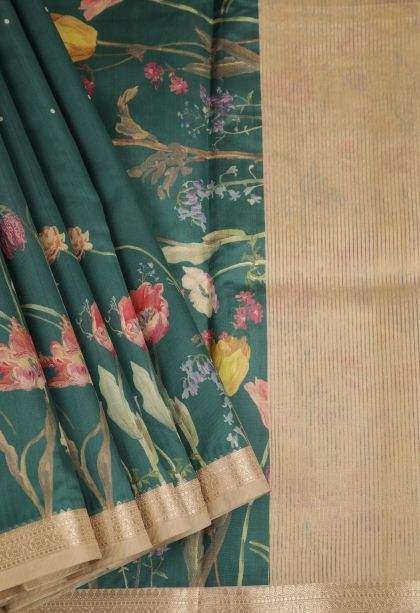 Pine Green Fancy Saree with Without Zari Zari Buttis (small Dots Or Motifs)
