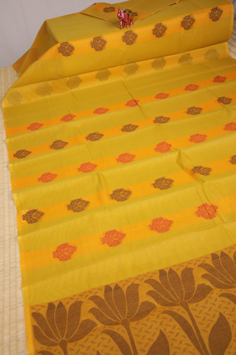 Lemon Yellow Kanchi Cotton Sarees with Without Zari Zari Floral Patterns view 2