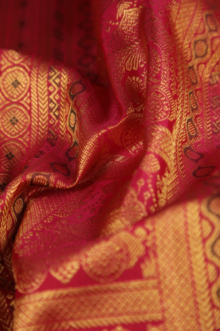 Rose  Red Kanchipuram Silk Sarees with Gold Zari Peacock Motifs view 4