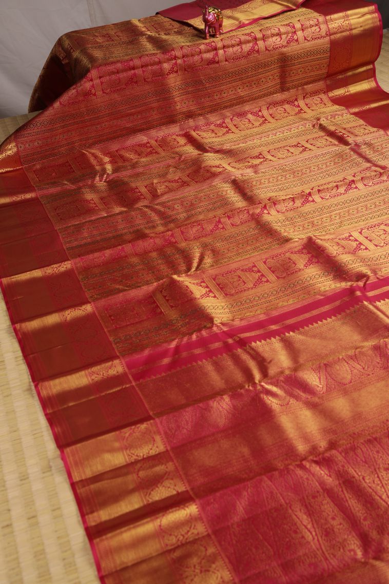 Rose  Red Kanchipuram Silk Sarees with Gold Zari Peacock Motifs view 2