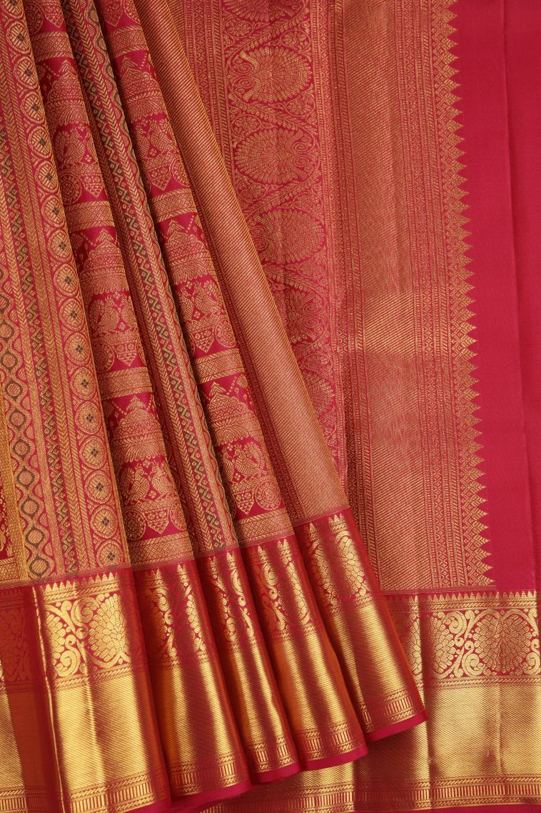 Rose  Red Kanchipuram Silk Sarees with Gold Zari Peacock Motifs view 1