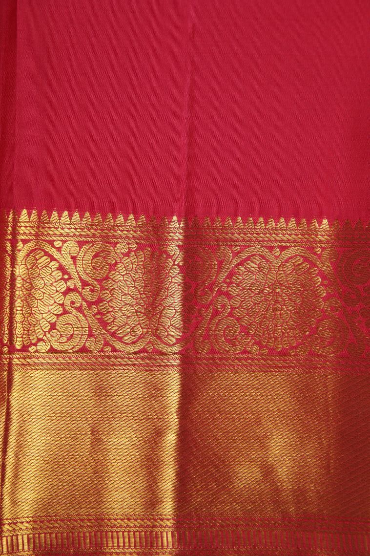Rose  Red Kanchipuram Silk Sarees with Gold Zari Peacock Motifs view 3