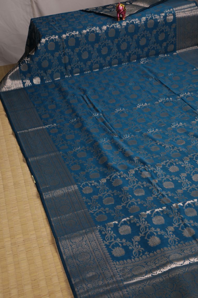 Aegean Blue Fancy Saree with Silver Zari Floral Patterns view 2