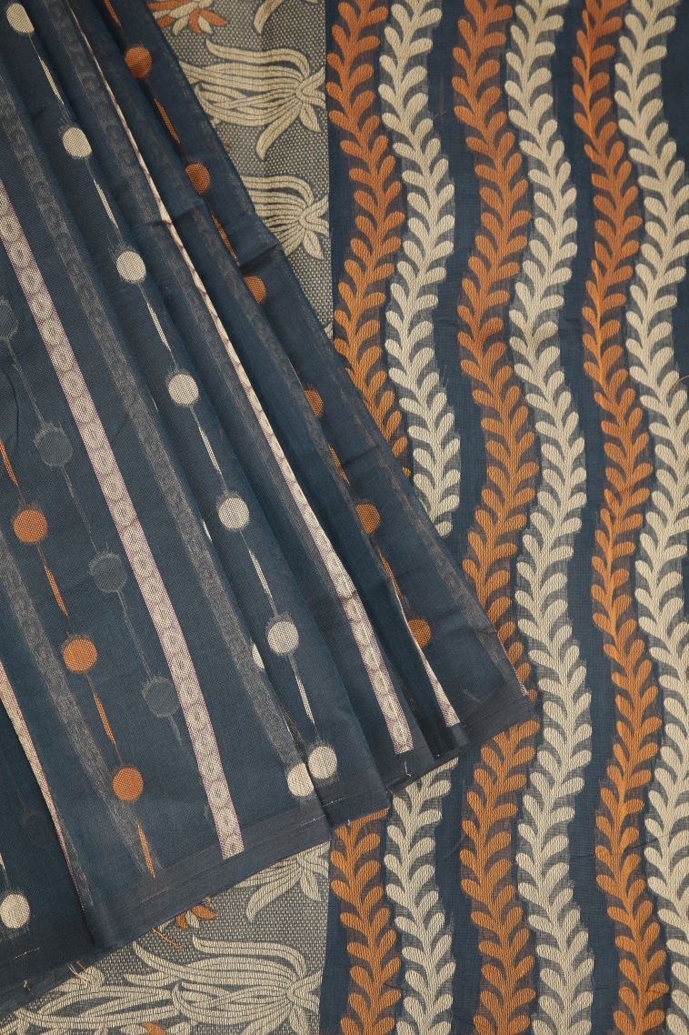 Denim Blue Cotton Sarees with Without Zari Zari Buttis (small Dots Or Motifs) view 1