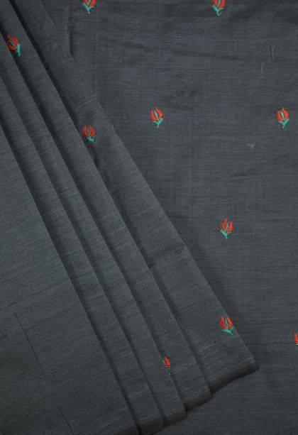Gray Black Poly Cotton Sarees with Without Zari Zari Floral Patterns