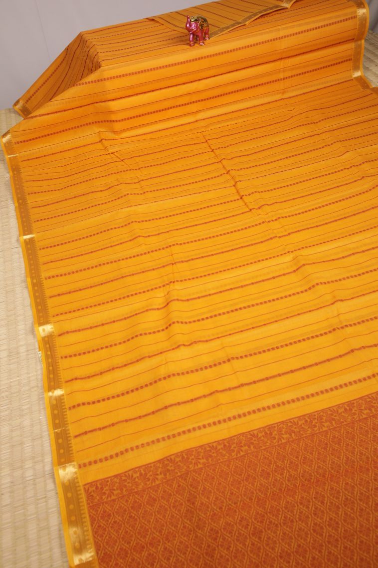 Honey Orange Kanchi Cotton Sarees with Gold Zari Buttis (small Dots Or Motifs) view 2