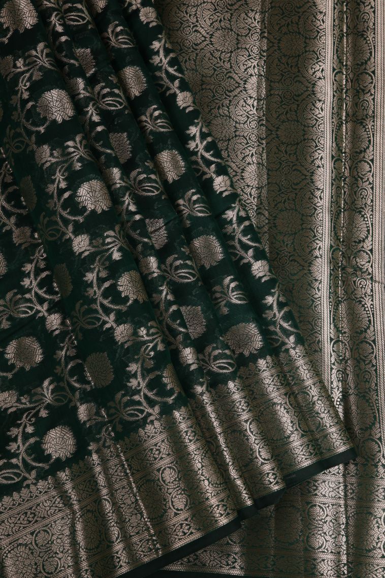 Pine Green Fancy Saree with Silver Zari Floral Patterns view 1