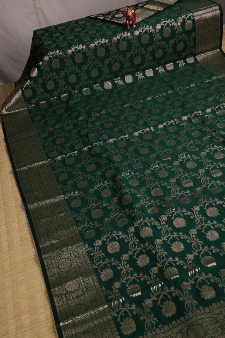 Pine Green Fancy Saree with Silver Zari Floral Patterns view 2