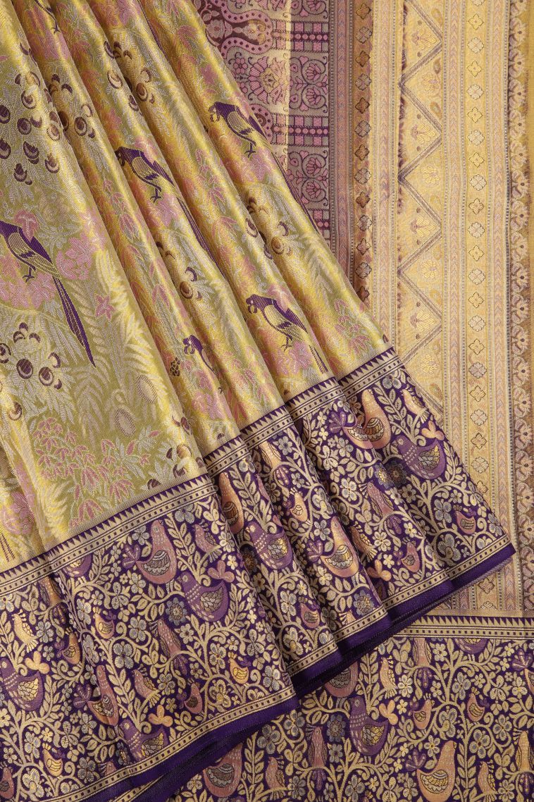 Gold Kanchipuram Silk Sarees with Gold And Silver Zari Animal And Bird Motifs view 1