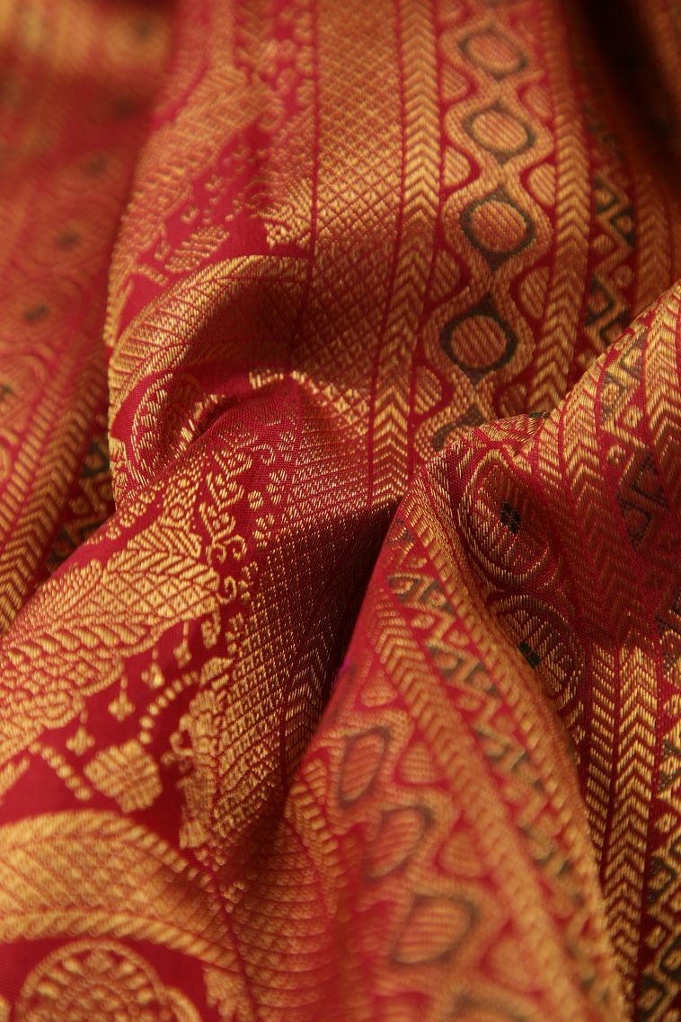 Dawn Red Kanchipuram Silk Sarees with Gold Zari Peacock Motifs view 4