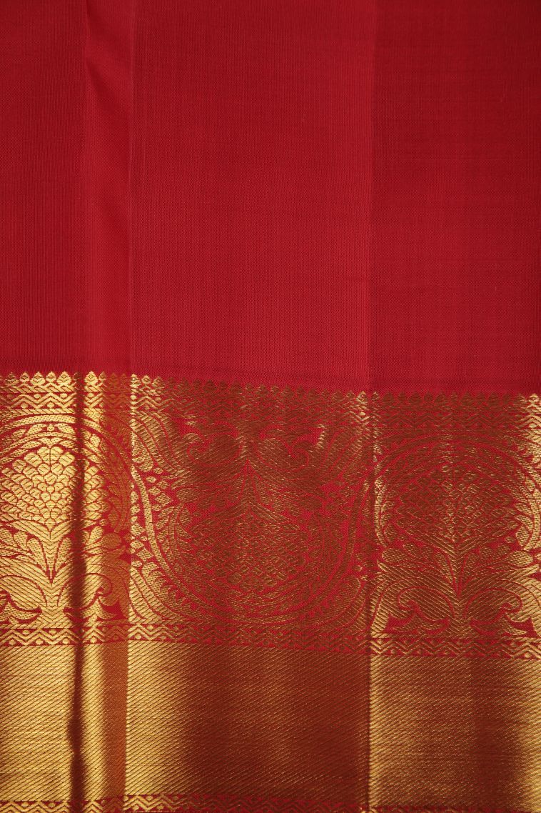 Dawn Red Kanchipuram Silk Sarees with Gold Zari Peacock Motifs view 3
