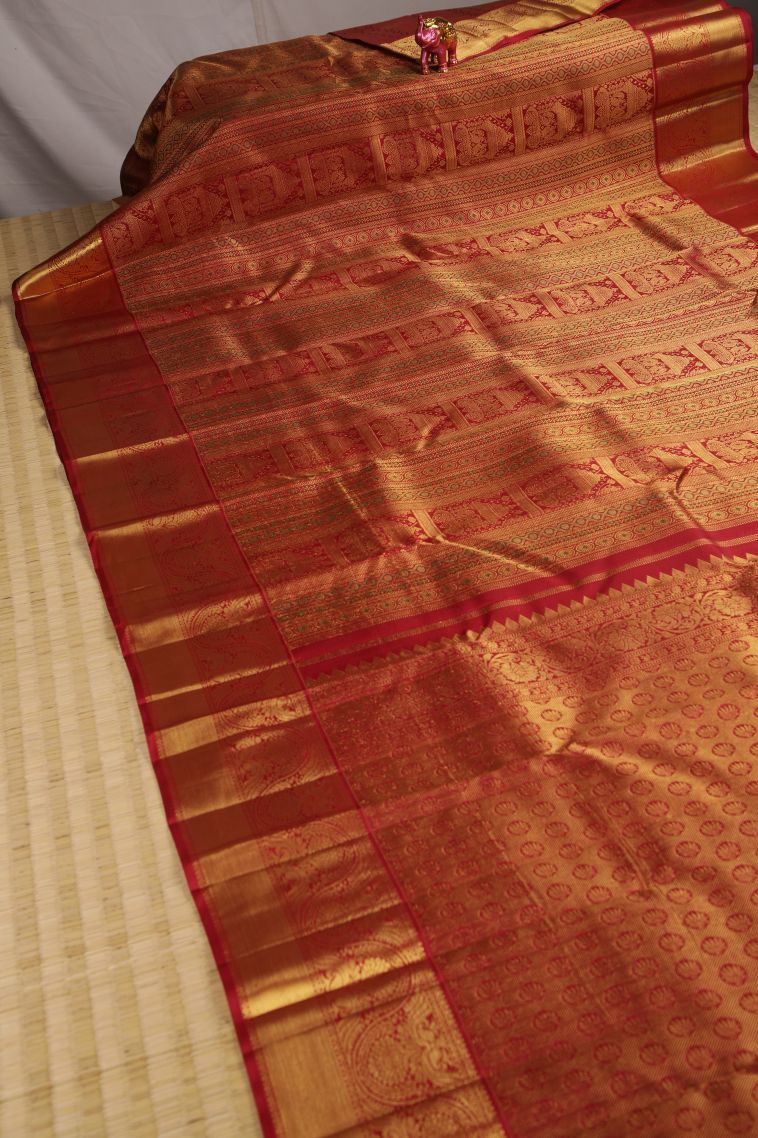 Dawn Red Kanchipuram Silk Sarees with Gold Zari Peacock Motifs view 2