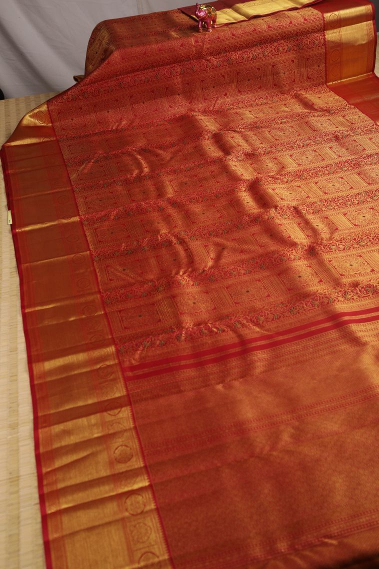Rose  Red Kanchipuram Silk Sarees with Gold Zari Floral Patterns view 2