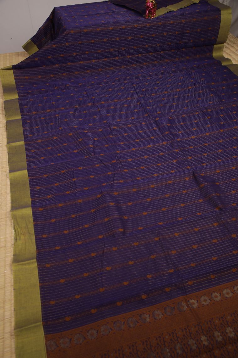 Berry Blue Cotton Sarees with Gold Zari Floral Patterns view 2