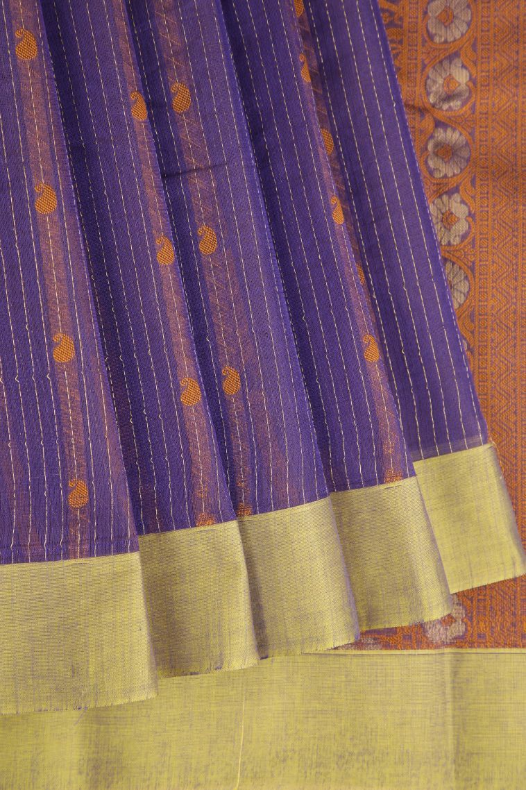 Berry Blue Cotton Sarees with Gold Zari Floral Patterns view 1