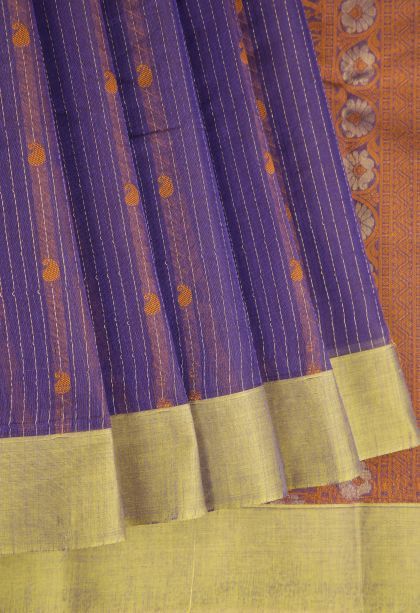 Berry Blue Cotton Sarees with Gold Zari Floral Patterns