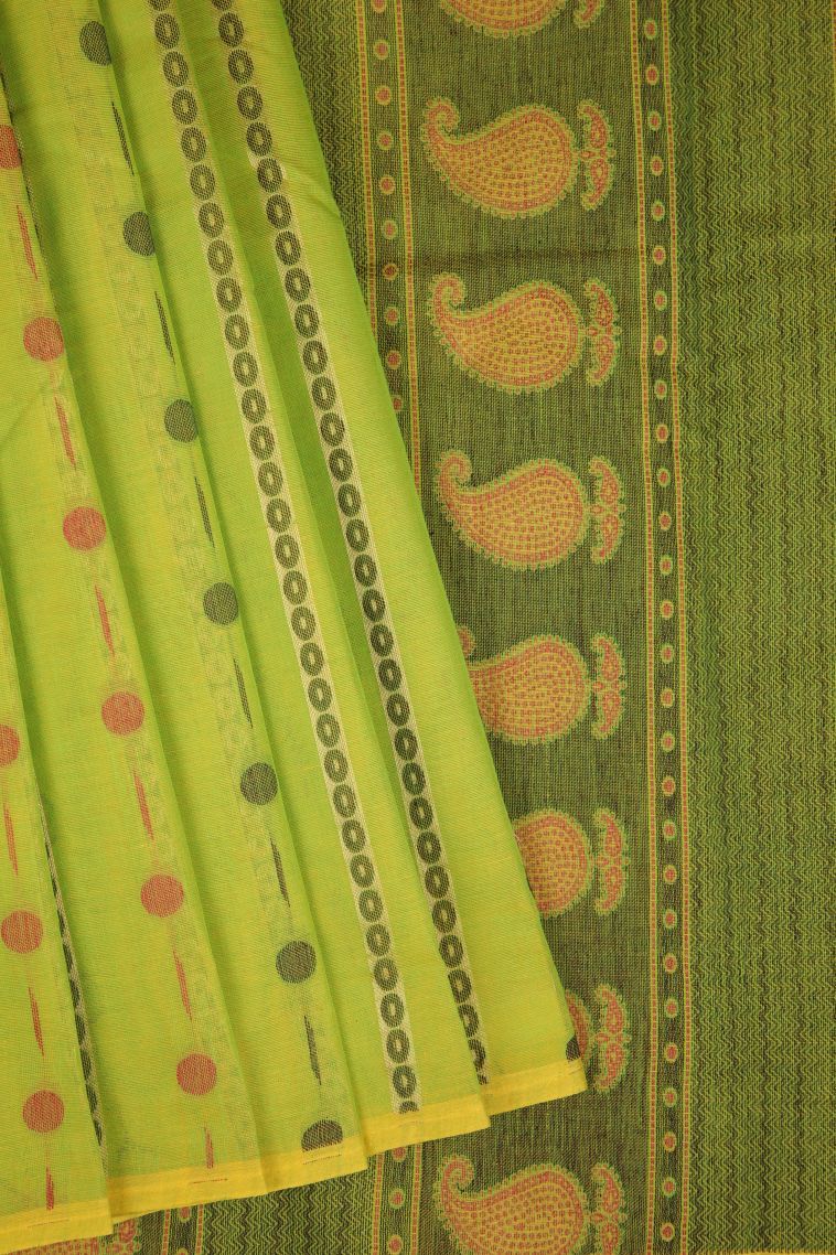 Pear Green Kanchi Cotton Sarees with Without Zari Zari Buttis (small Dots Or Motifs) view 1