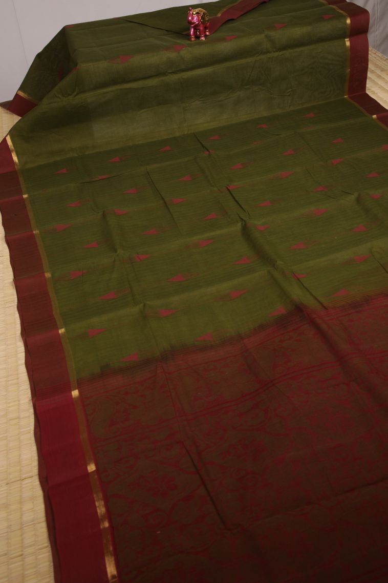 Paris Green Kanchi Cotton Sarees with Gold Zari Geometric Shapes view 2
