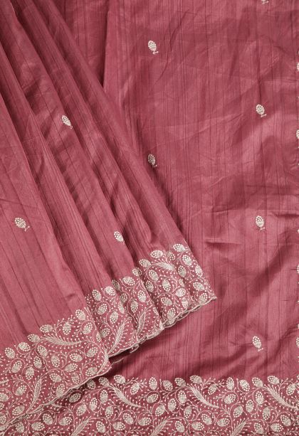 Lipstick Red Fancy Saree with Silver Zari Floral Patterns