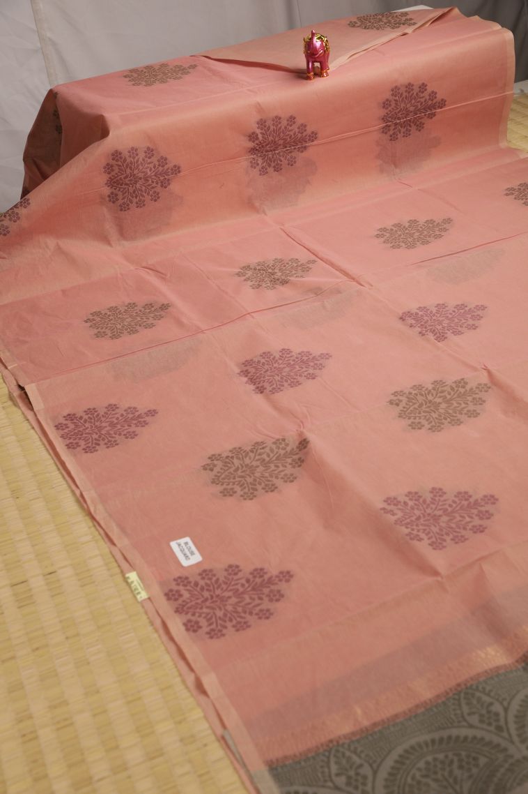 Flamingo Pink Pure Handloom Kovai Cotton with Without Zari Zari Floral Patterns view 2