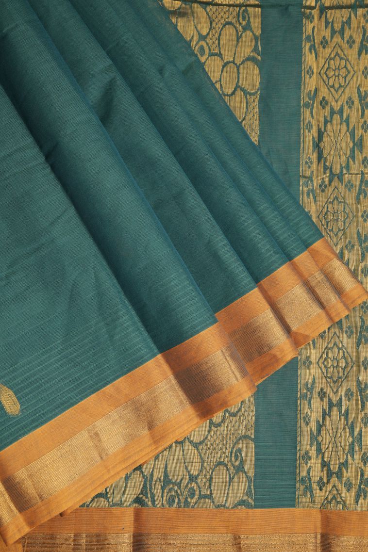 Ocean Blue Kanchi Cotton Sarees with Gold Zari Floral Patterns view 1