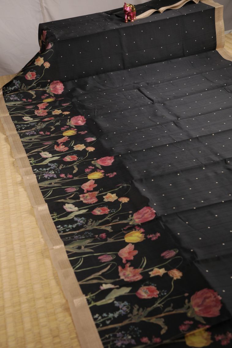 Asphalt Black Fancy Saree with Silver Zari Floral Patterns view 2