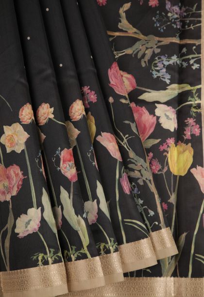 Asphalt Black Fancy Saree with Silver Zari Floral Patterns
