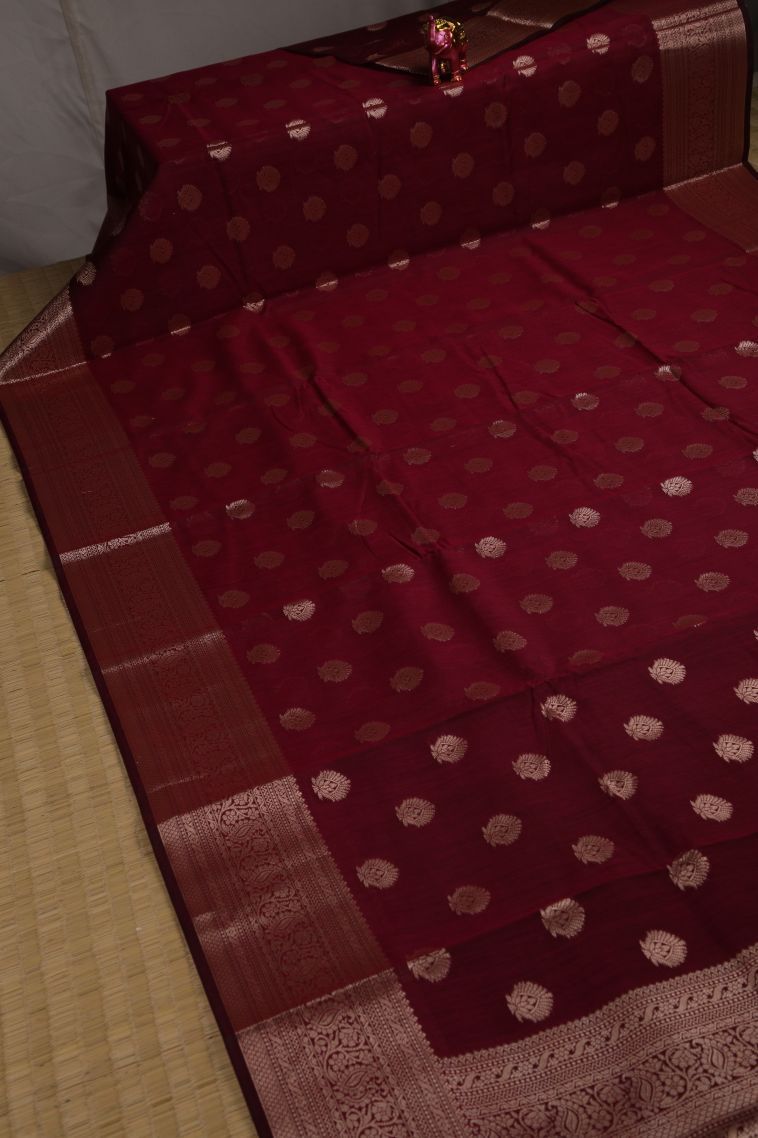 Lipstick Red Fancy Saree with Gold Zari Floral Patterns view 2