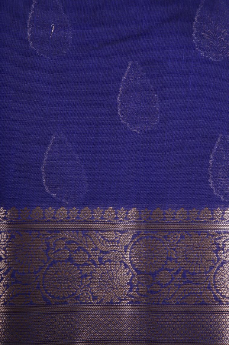 Lapis Blue Fancy Saree with Silver Zari Floral Patterns view 3