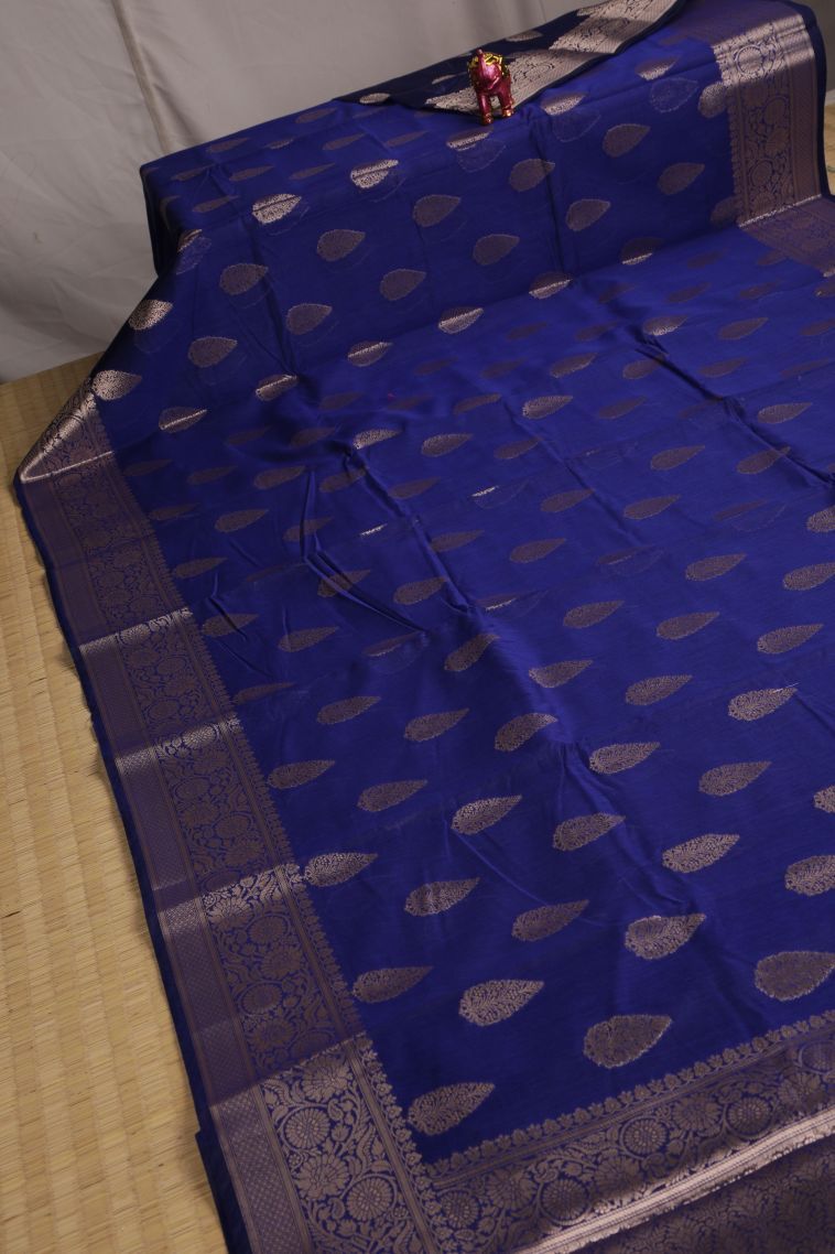 Lapis Blue Fancy Saree with Silver Zari Floral Patterns view 2