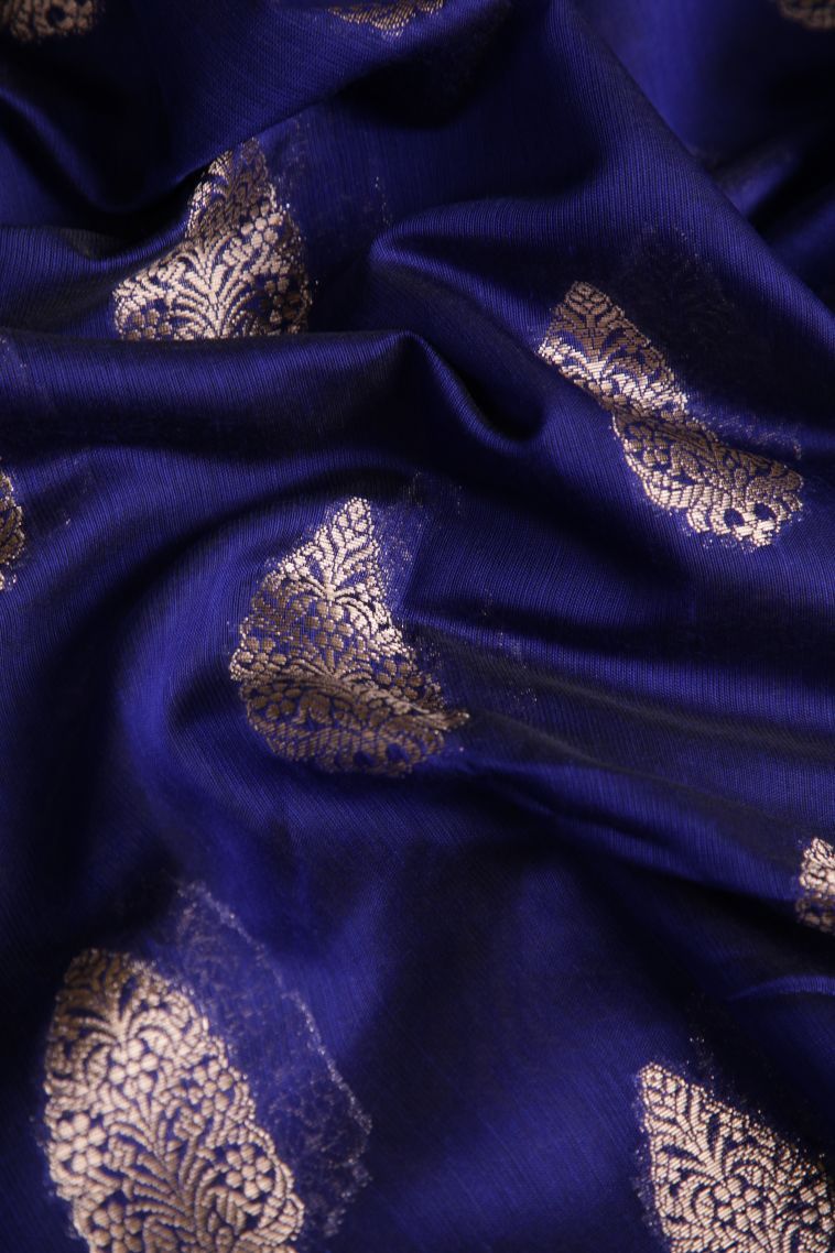 Lapis Blue Fancy Saree with Silver Zari Floral Patterns view 4