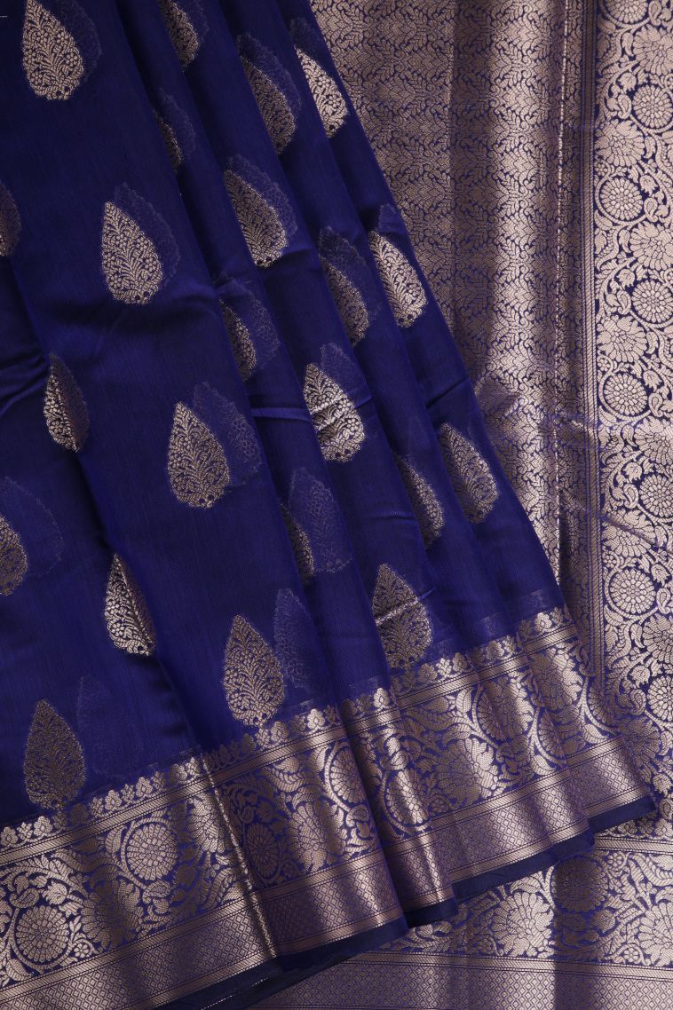 Lapis Blue Fancy Saree with Silver Zari Floral Patterns view 1
