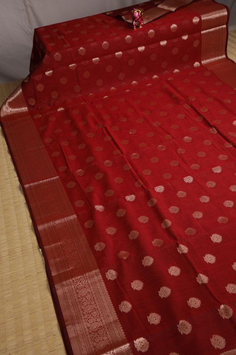 Candy Red Fancy Saree with Copper Zari Floral Patterns view 2