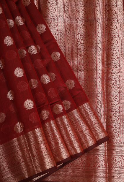 Candy Red Fancy Saree with Copper Zari Floral Patterns