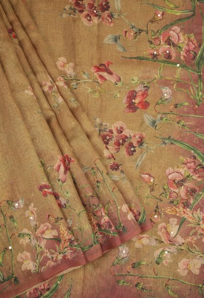 Tortilla Brown Fancy Saree with Without Zari Zari Floral Patterns
