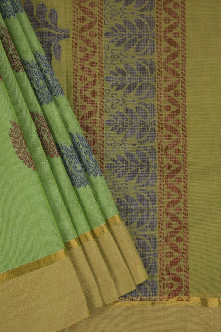 Olive Green Pure Handloom Kovai Cotton with Gold Zari Floral Patterns view 1