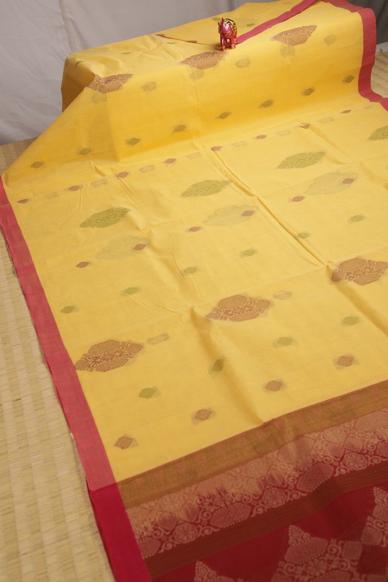 Lemon Yellow Pure Handloom Kovai Cotton with Without Zari Zari Floral Patterns view 2