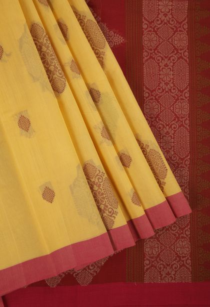 Lemon Yellow Pure Handloom Kovai Cotton with Without Zari Zari Floral Patterns