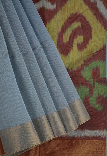 Granite Black Silk Cotton Sarees with Copper Zari Stripes