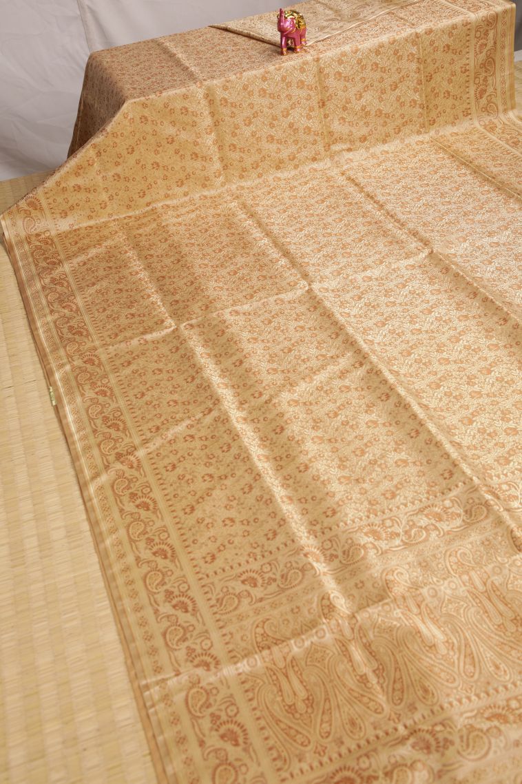 Beige Yellow Banaras Sarees with Gold And Silver Zari Floral Patterns view 2