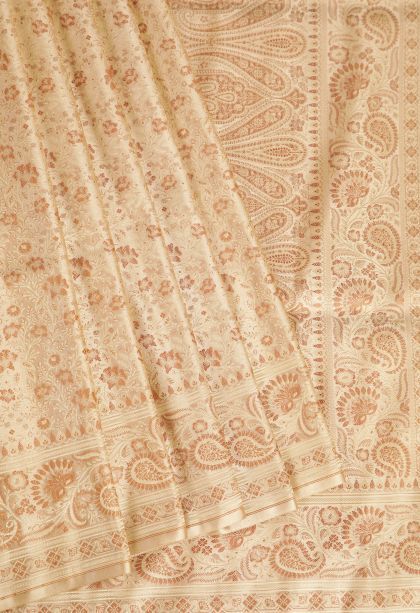 Beige Yellow Banaras Sarees with Gold And Silver Zari Floral Patterns
