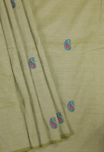 Olive Green Poly Cotton Sarees with Without Zari Zari Paisley (mango Design)