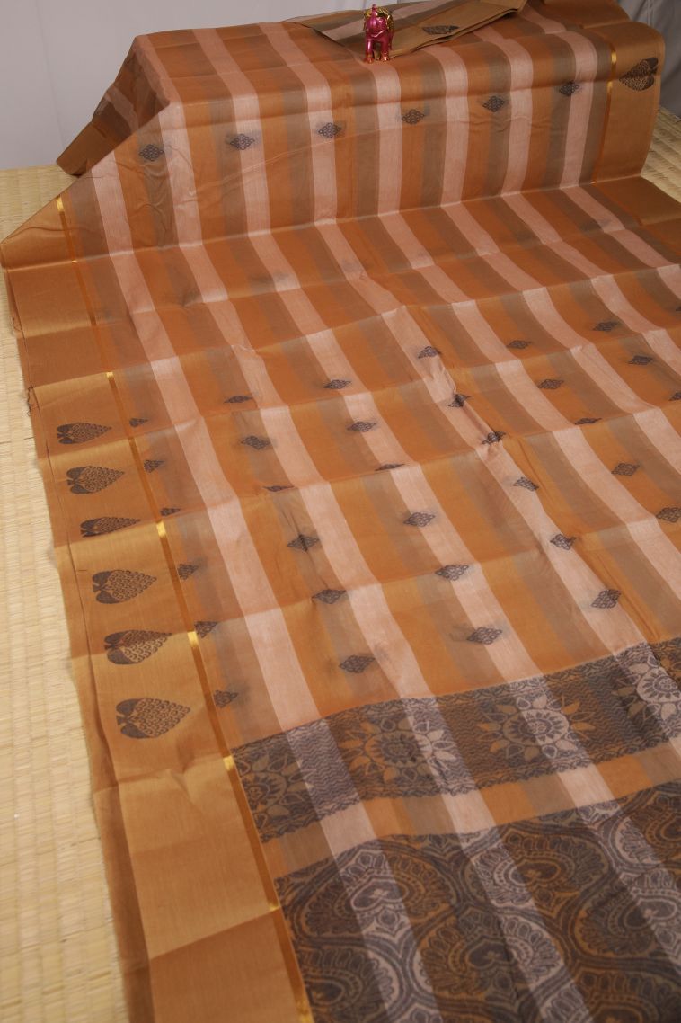 Tawny Brown Kanchi Cotton Sarees with Gold Zari Geometric Shapes view 2